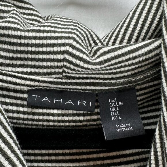 Tahari Top Size L Ribbed Striped Cowl Neck Long Sleeve Stretch Olive/ White - Picture 7 of 11